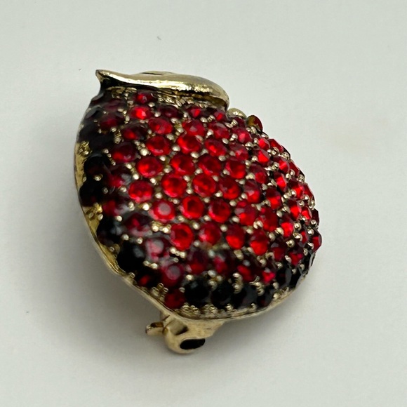 Vintage Monet Red Rhinestone Antique Gold Apple Pin Brooch Teachers Gift - Picture 7 of 15